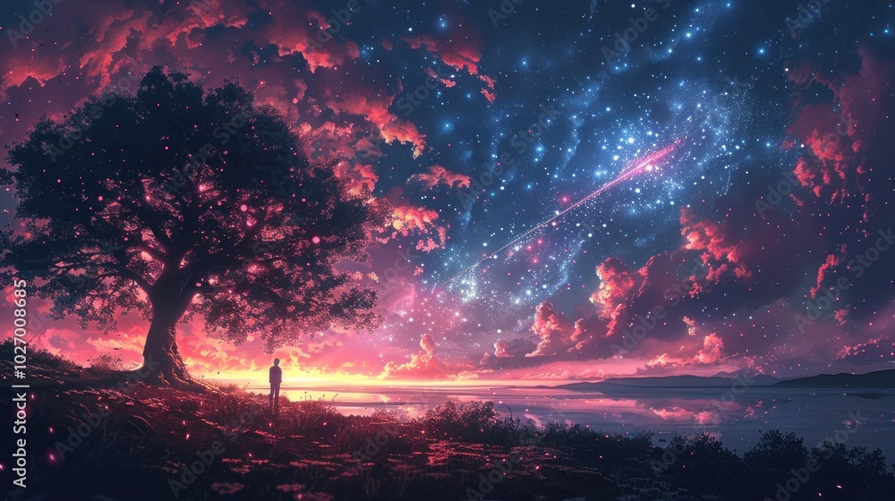 Fototapeta premium Starry Night with a Lone Figure