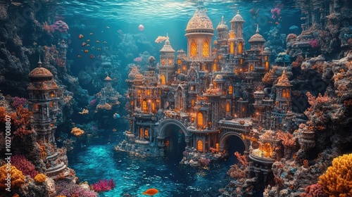 A whimsical underwater kingdom, vibrant coral castles, surreal lighting illuminating sea creatures shimmering, enchanting birds-eye perspective photo