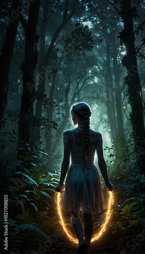 Mystical Forest Journey – Girl with Glowing Braid Walking through an Enchanted Landscape photo