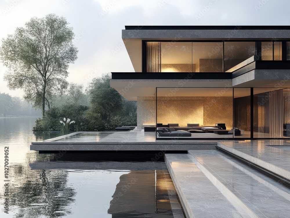 Obraz premium luxurious modern house with sleek lines and expansive glass walls, set against a picturesque lake landscape, radiating tranquility and sophistication, ideal for contemporary living