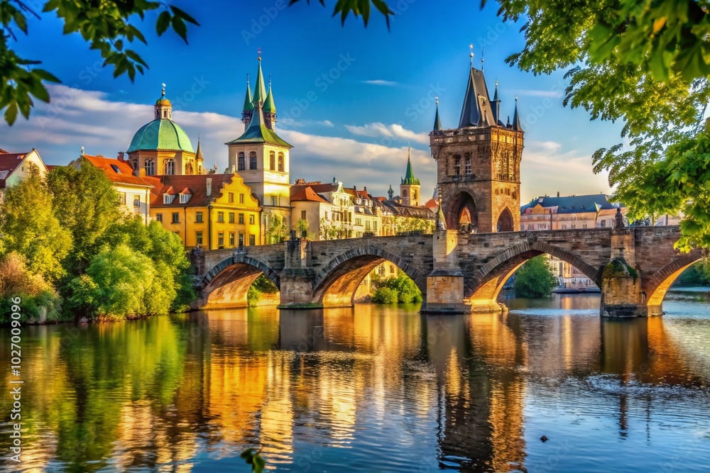 Naklejka premium Scenic View of an Old Czech Bridge with Lush Surroundings and Clear Sky for Stock Photography
