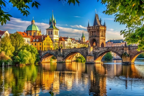 Scenic View of an Old Czech Bridge with Lush Surroundings and Clear Sky for Stock Photography