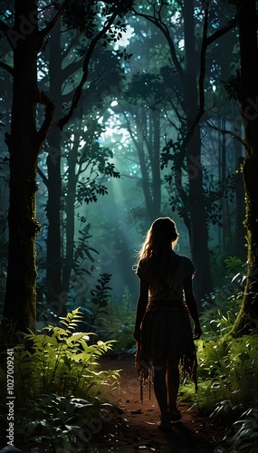 Mystical Forest Journey – Girl with Glowing Braid Walking through an Enchanted Landscape photo