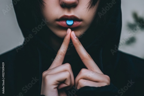 A moody portrait of an individual holding a blue pill near their lips, suggesting contemplation. The dark tones and focused composition add a dramatic touch. photo