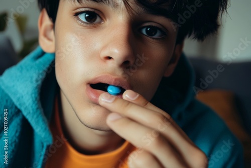 An engaging image of a youth dressed in a blue top, poised to take a blue pill. Their wide eyes and intent expression convey curiosity and youthful decision-making. photo