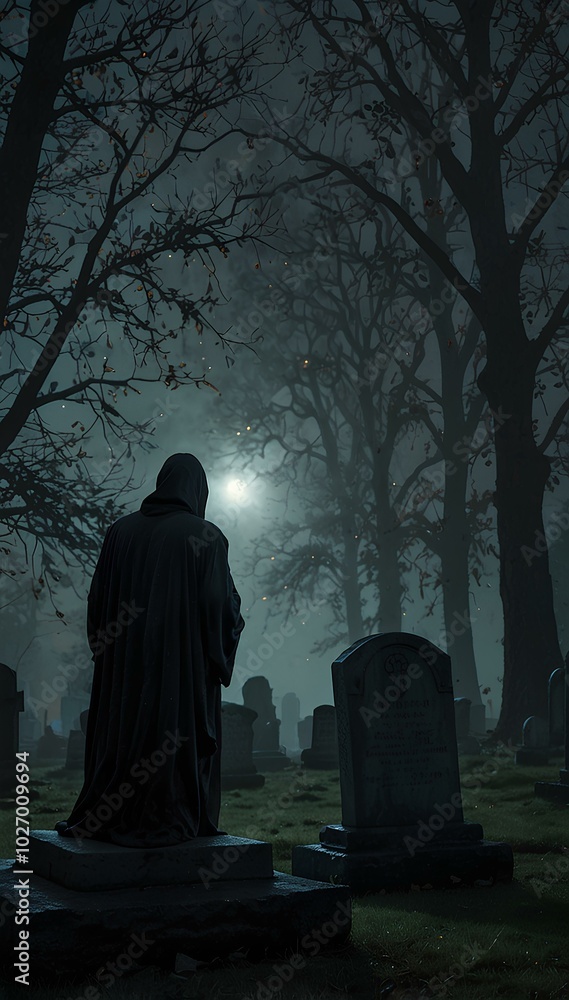 Grim Reaper Silhouette in a Foggy Cemetery at Midnight under the Moonlight Grim Reaper Silhouette in a Foggy Cemetery at Midnight under the Moonlight