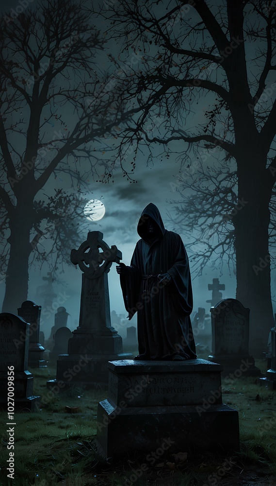 Grim Reaper Silhouette in a Foggy Cemetery at Midnight under the Moonlight Grim Reaper Silhouette in a Foggy Cemetery at Midnight under the Moonlight