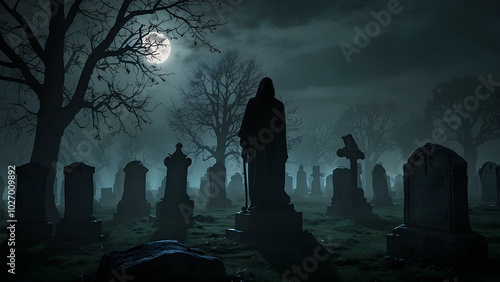 Grim Reaper Silhouette in a Foggy Cemetery at Midnight under the Moonlight photo