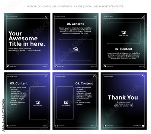 Microblog, carousel style, continuous slide. Social media posts template. Six page in portrait frame, seamless, minimalist style with gradient colors theme (black, oecan green and electric blue).