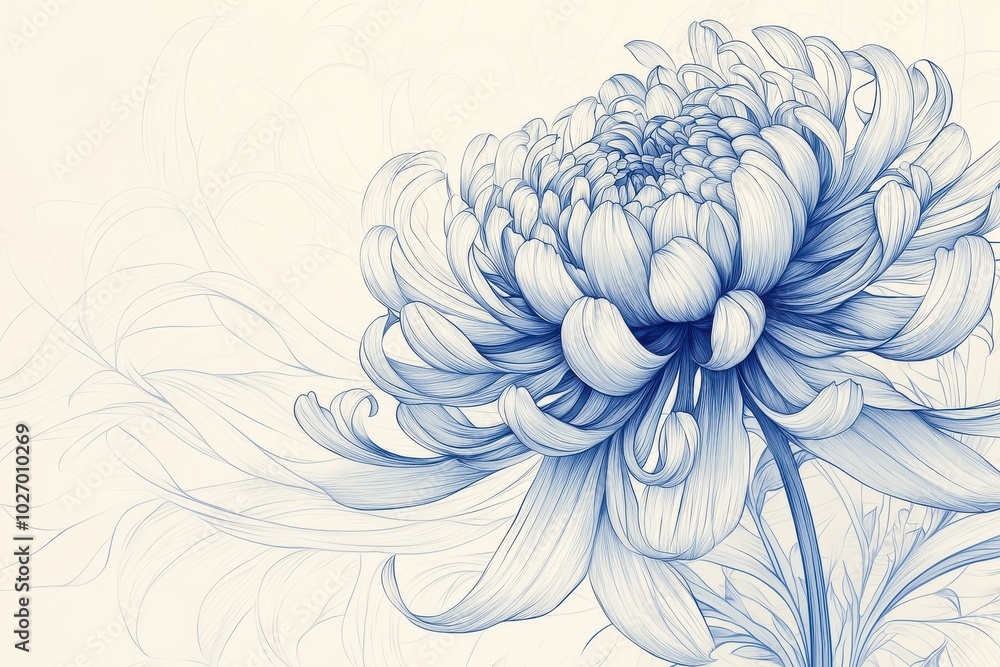 An elegant Art Nouveau style chrysanthemum, isolated on a white background, characterized by graceful lines and artistic details. An elegant Art Nouveau style chrysanthemum, isolated on a white background, characterized by graceful lines and artistic details.