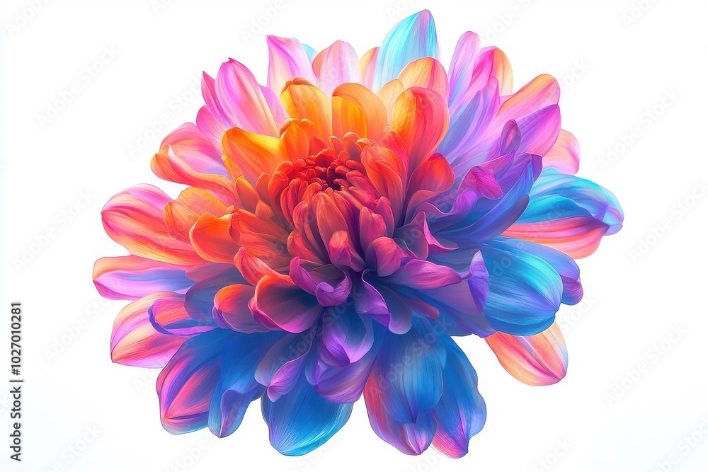 Obraz premium A neon style chrysanthemum, isolated on a white background, glowing with bright and captivating colors.
