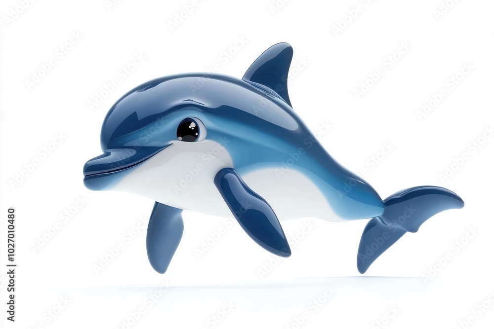 Fototapeta premium A 3D cartoon dolphin character, isolate on white background, with friendly features and a playful expression.