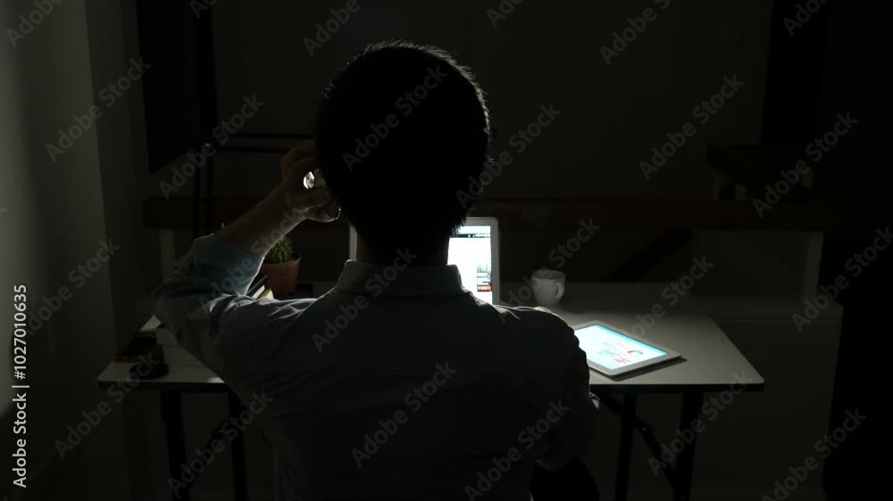 A Businessman is working late at a desk with a laptop and a book. He is typing on the laptop and has a potted plant in front of him. The scene is dimly lit, giving it a cozy and intimate atmosphere A Businessman is working late at a desk with a laptop and a book. He is typing on the laptop and has a potted plant in front of him. The scene is dimly lit, giving it a cozy and intimate atmosphere
