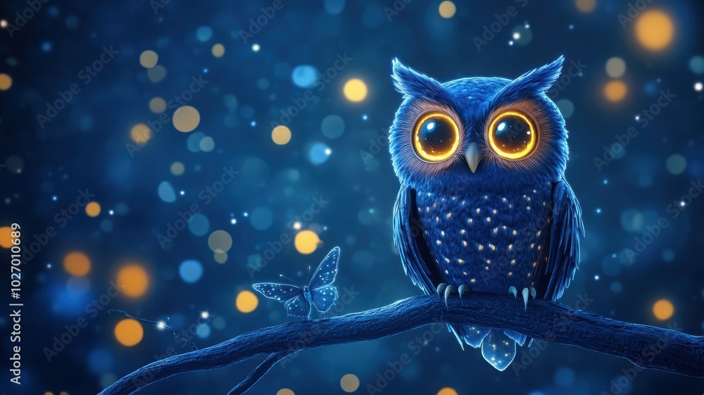 Obraz premium A whimsical blue owl with bright eyes perched on a branch, surrounded by magical glowing orbs in a dreamy night sky.