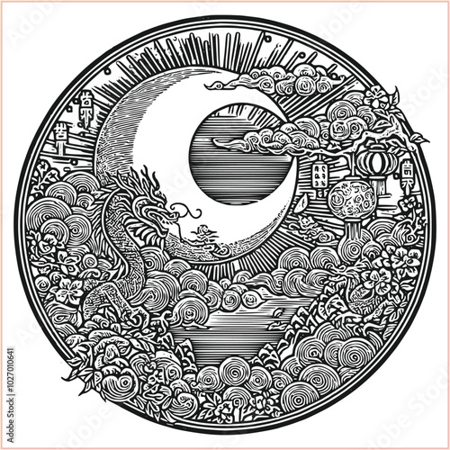 lunar new year Chinese dragon Dragon with round shield  out vector silhouette