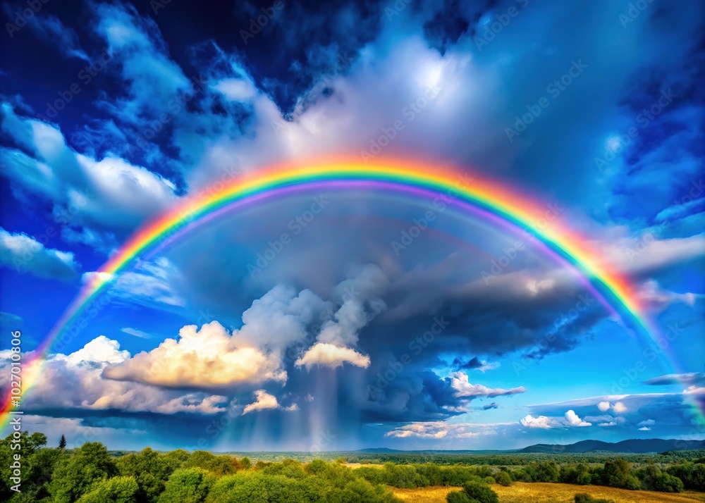 Vibrant Rainbow Arching Across a Clear Blue Sky After a Refreshing Rain Shower in Nature's Beauty Vibrant Rainbow Arching Across a Clear Blue Sky After a Refreshing Rain Shower in Nature's Beauty