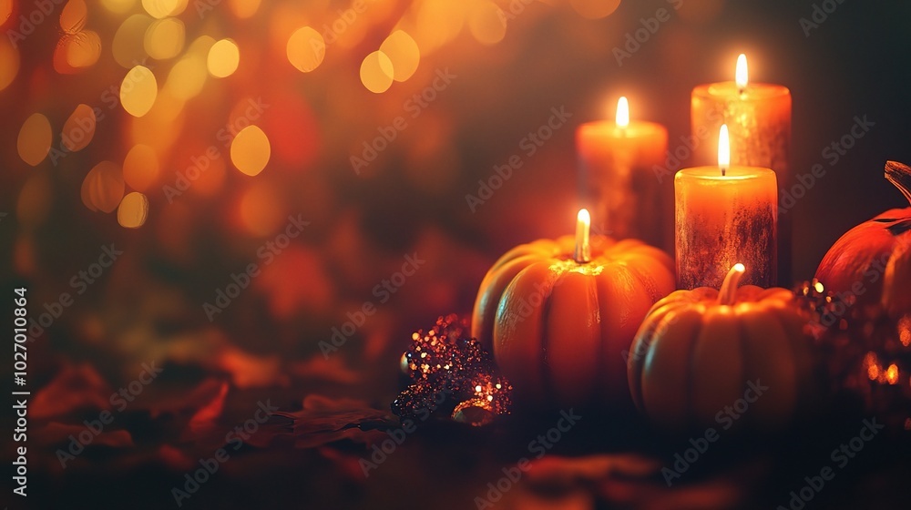Cozy Autumn Scene with Pumpkins and Candles Cozy Autumn Scene with Pumpkins and Candles