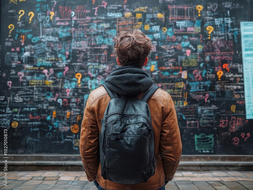 man with a furrowed brow stands before a chaotic blackboard filled with colorful question marks and business formulas, deep in thought and determination man with a furrowed brow stands before a chaotic blackboard filled with colorful question marks and business formulas, deep in thought and determination