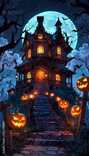 Creepy Haunted Mansion Surrounded by Twisted Trees and Glowing Pumpkins Under the Moonlight photo