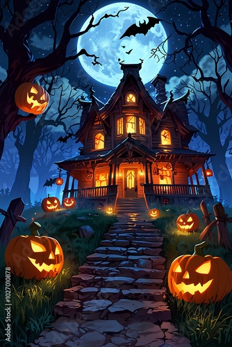 Wallpaper Mural Creepy Haunted Mansion Surrounded by Twisted Trees and Glowing Pumpkins Under the Moonlight Torontodigital.ca