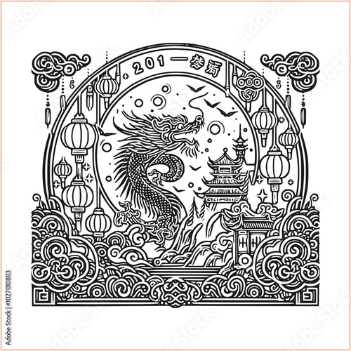 lunar new year Chinese dragon Dragon with round shield  out vector silhouette