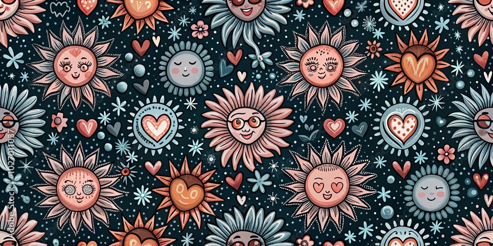 Seamless Vector Summer Pattern with Hand Drawn Elements - Girls, Sun, and Hearts for Background Use Seamless Vector Summer Pattern with Hand Drawn Elements - Girls, Sun, and Hearts for Background Use