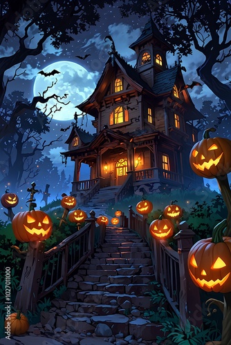 Creepy Haunted Mansion Surrounded by Twisted Trees and Glowing Pumpkins Under the Moonlight photo