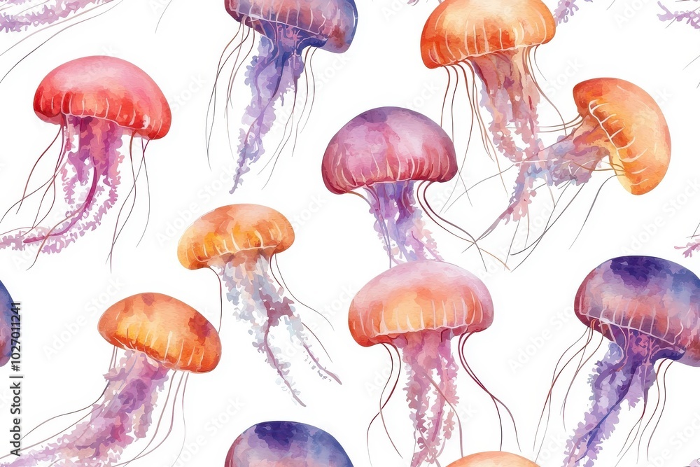 Fototapeta premium Watercolor seamless pattern of jellyfish, isolate on white background.