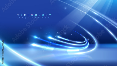 Abstract blue background with glowing light lines, futuristic technology stage design for products, IT equipment or high-speed internet advertising materials.