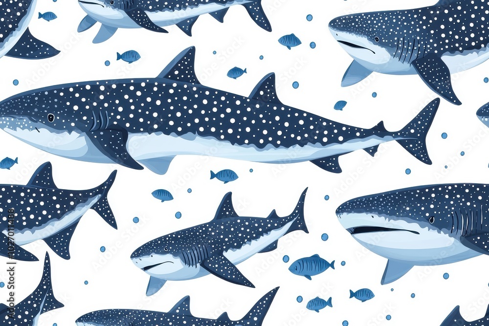Naklejka premium Flat style seamless pattern of whale sharks, isolate on white background.