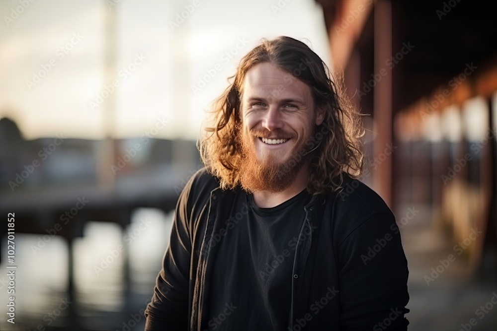 Portrait of a handsome young man with long hair smiling at the camera Portrait of a handsome young man with long hair smiling at the camera