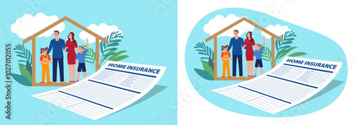 Cartoon illustration of a happy family inside a house icon, with a large document labeled Home Insurance in front. Concepts for home security, insurance policies, or family protection