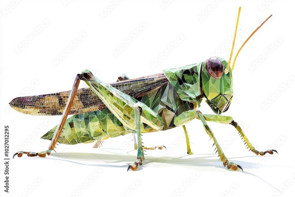 Fototapeta premium A low polygon style grasshopper, isolate on white background, showcasing geometric shapes and modern design.