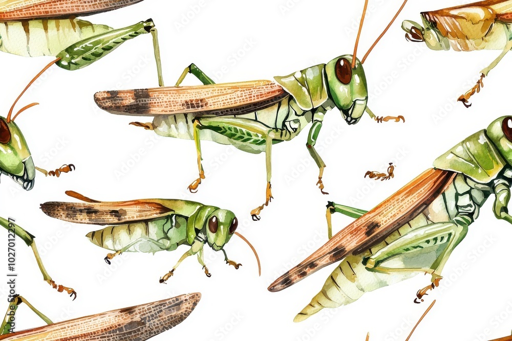 Fototapeta premium Watercolor seamless pattern of grasshoppers, isolate on white background.