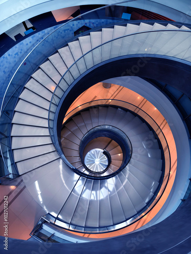 A beautifully designed spiral staircase in a modern building with glass railing