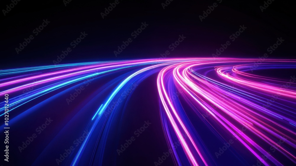 Gradient of cyan to violet neon road speed. Light abstract laser trace from the movement of cars. LED curves fast strips. Gradient of cyan to violet neon road speed. Light abstract laser trace from the movement of cars. LED curves fast strips.