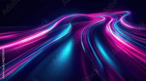 Gradient of fuchsia to aquamarine neon road speed. Light abstract laser trace from the movement of cars. LED curves fast strips.