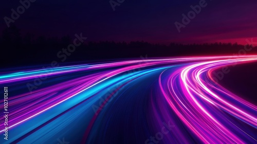 Gradient of indigo to teal neon road speed. Light abstract laser trace from the movement of cars. LED curves fast strips.