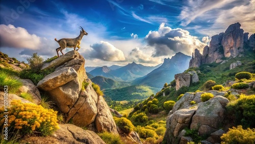 Vintage Rocky Mountain Landscape with Mountain Goat in Anciles, Leon, Spain photo