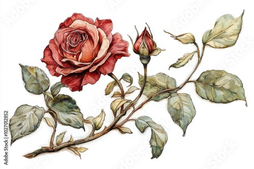 An Art Nouveau style red rose, isolate on white background, characterized by elegant curves and intricate details. photo