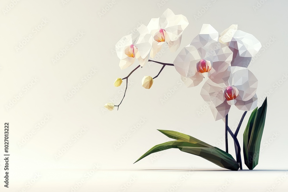 A low polygon style orchid, isolated on a white background, featuring geometric shapes and a contemporary design. A low polygon style orchid, isolated on a white background, featuring geometric shapes and a contemporary design.