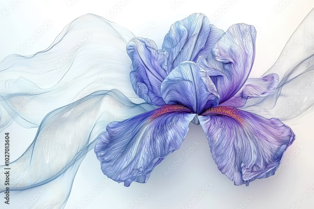 An elegant Art Nouveau style iris, isolated on a white background, characterized by graceful lines and artistic details. An elegant Art Nouveau style iris, isolated on a white background, characterized by graceful lines and artistic details.