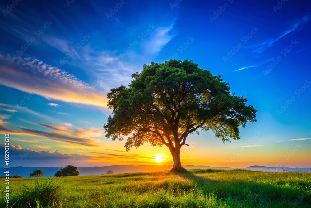 Fototapeta premium Serene Natural Landscape with Lush Greenery and Clear Blue Skies for Tranquil Vibes