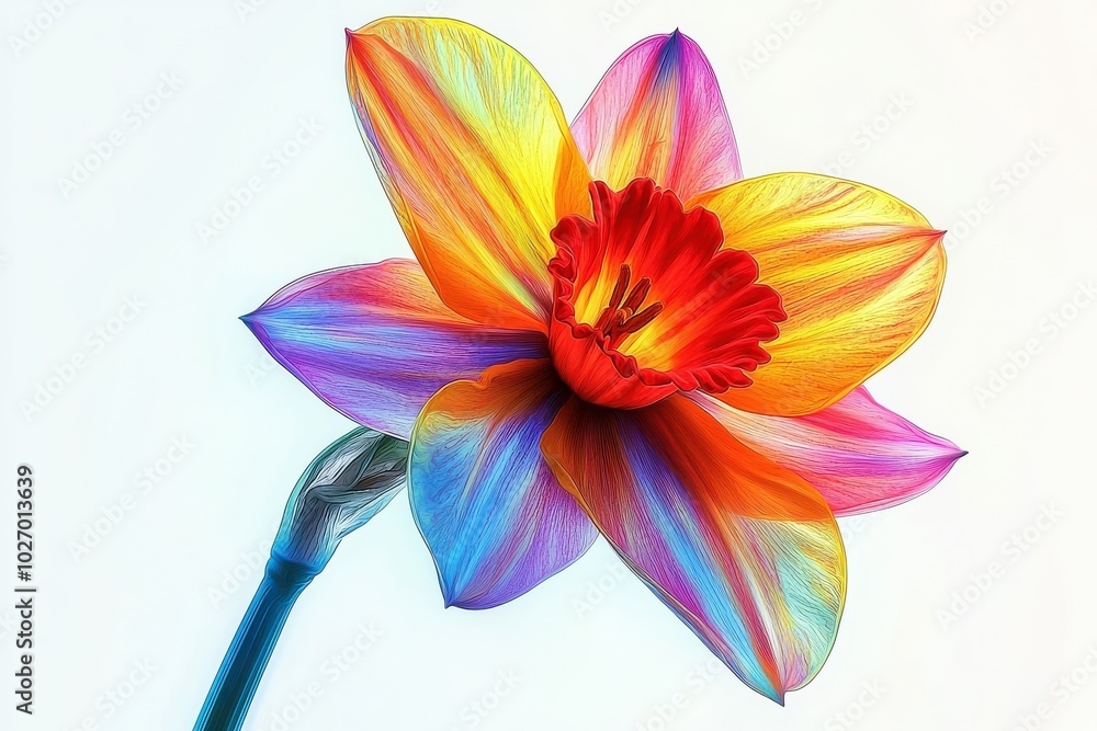 A neon style daffodil, isolated on a white background, glowing with bright and captivating colors. A neon style daffodil, isolated on a white background, glowing with bright and captivating colors.