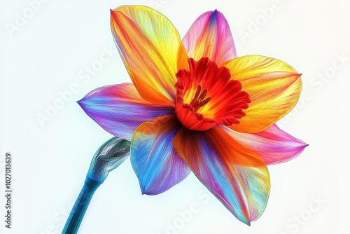 A neon style daffodil, isolated on a white background, glowing with bright and captivating colors. photo