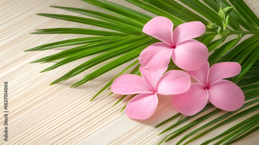 A serene composition featuring delicate pink flowers along with vibrant green leaves on a wooden surface, evoking a tropical or natural atmosphere. A serene composition featuring delicate pink flowers along with vibrant green leaves on a wooden surface, evoking a tropical or natural atmosphere.