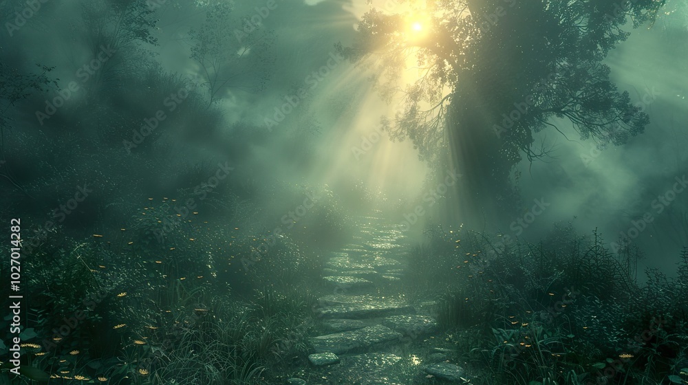 Enchanted Forest Path with Sunlight and Fog Enchanted Forest Path with Sunlight and Fog
