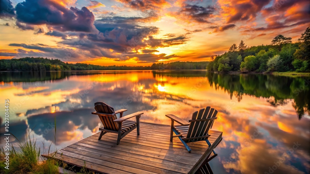 Fototapeta premium Serene Sunset Over Calm Lake with Two Chairs on Wooden Dock