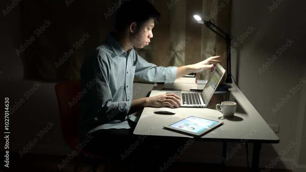 A Businessman is working late at a desk with a laptop and a book. He is typing on the laptop and has a potted plant in front of him. The scene is dimly lit, giving it a cozy and intimate atmosphere A Businessman is working late at a desk with a laptop and a book. He is typing on the laptop and has a potted plant in front of him. The scene is dimly lit, giving it a cozy and intimate atmosphere