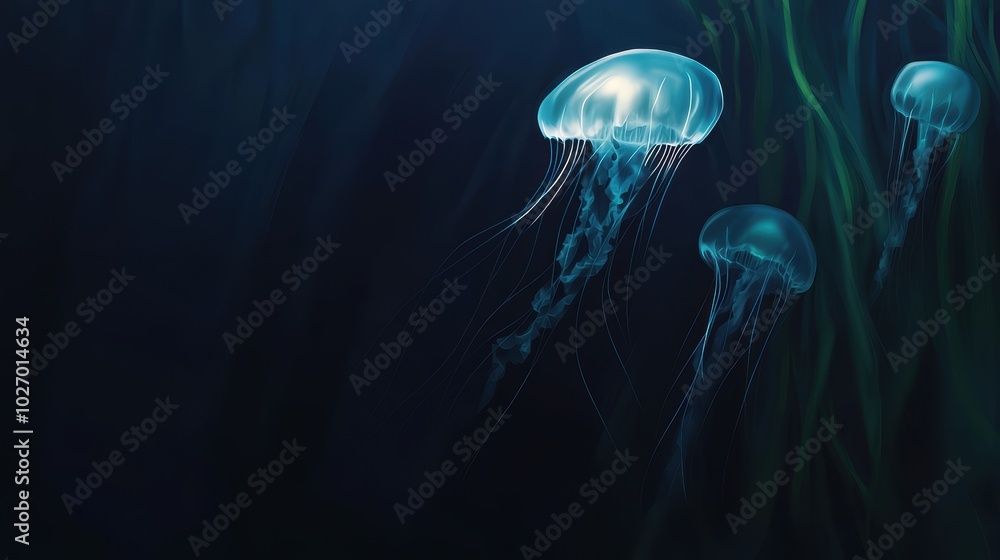Ethereal Jellyfish Floating in Deep Sea Glow Ethereal Jellyfish Floating in Deep Sea Glow